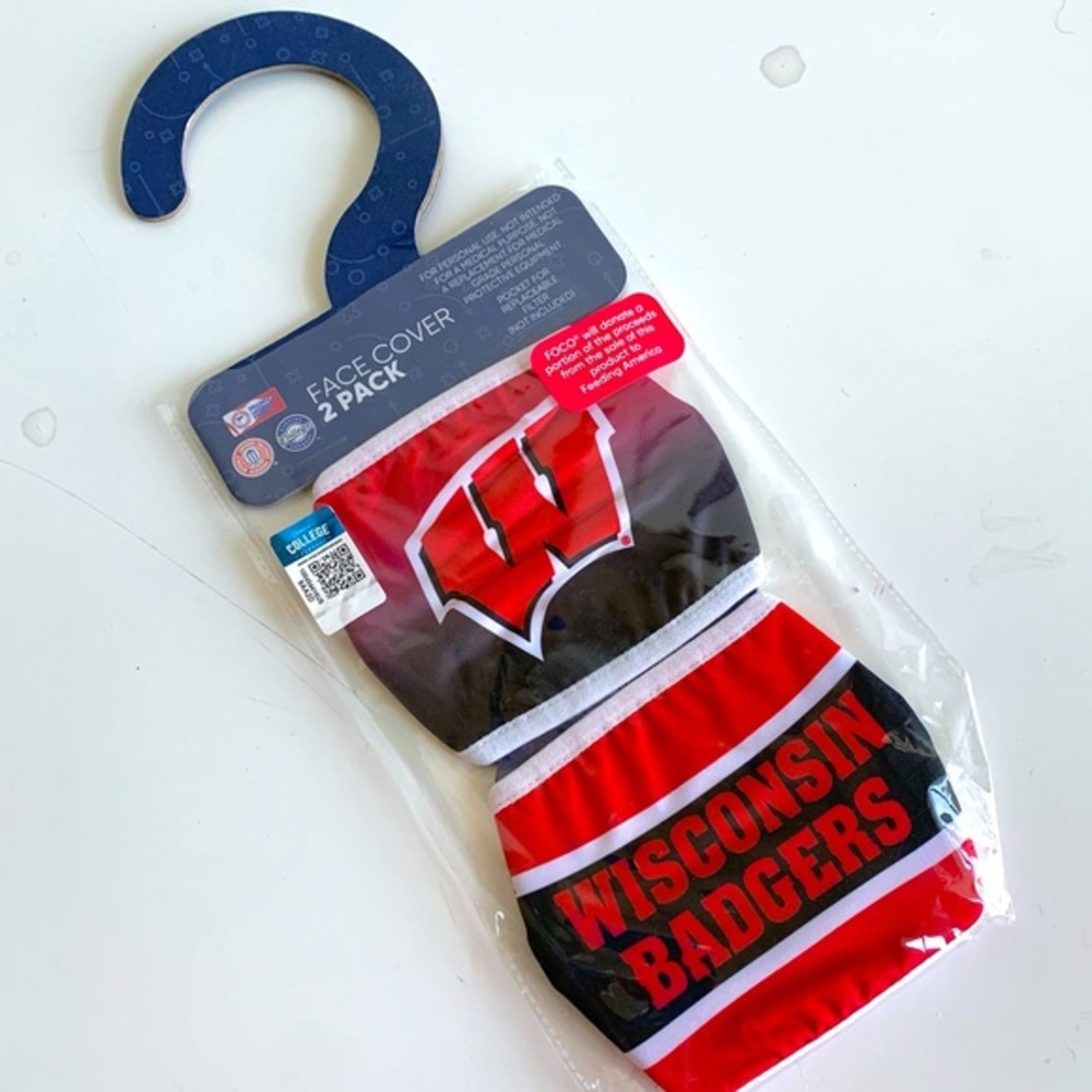 Official Collegiate Licensed Product Wisconsin‎ Badgers Face Cover, 2 pack. NWT